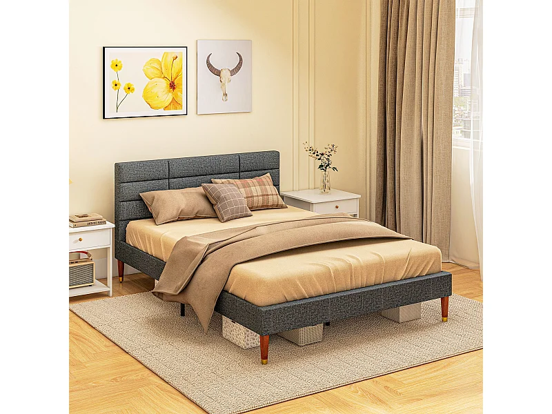 Cama de Casal Elegance com Cabeceira Capitonê - Cinza e Linho - 140x200 cm - Design Moderno e Funcional