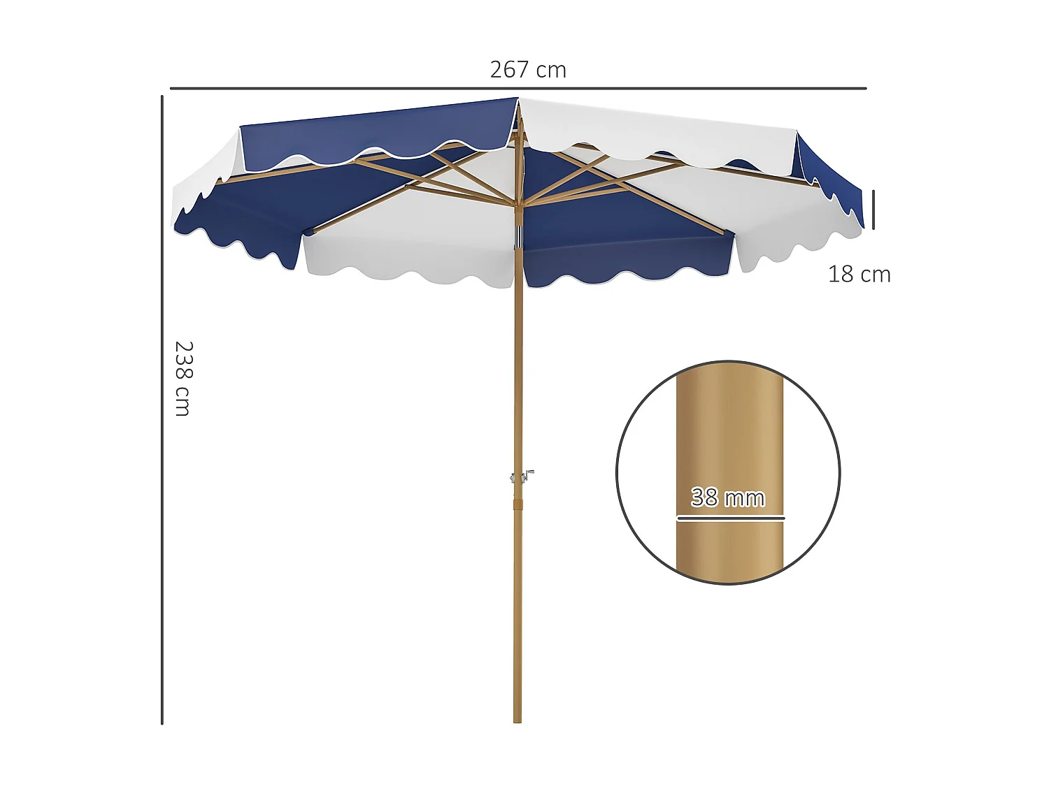 Sombrilla Marine Outsunny inclinable con manivela azul/blanco Ø267x238 cm