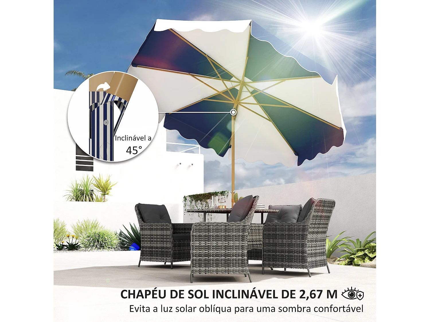 Sombrilla Marine Outsunny inclinable con manivela azul/blanco Ø267x238 cm