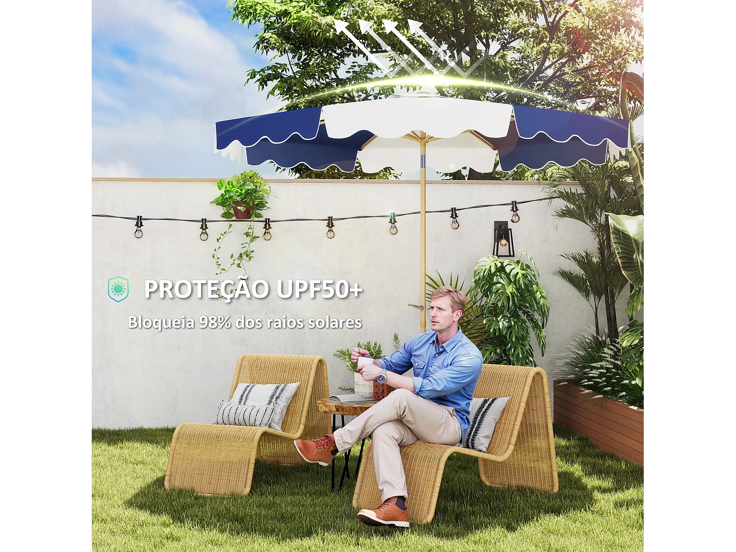 Sombrilla Marine Outsunny inclinable con manivela azul/blanco Ø267x238 cm