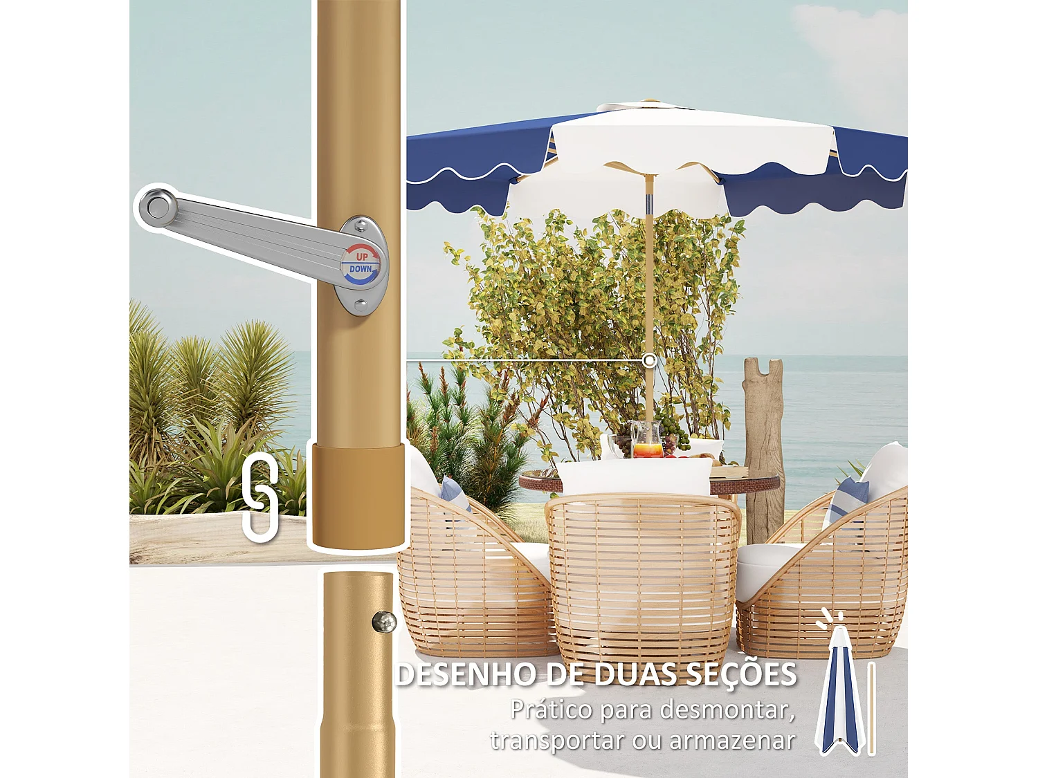 Sombrilla Marine Outsunny inclinable con manivela azul/blanco Ø267x238 cm