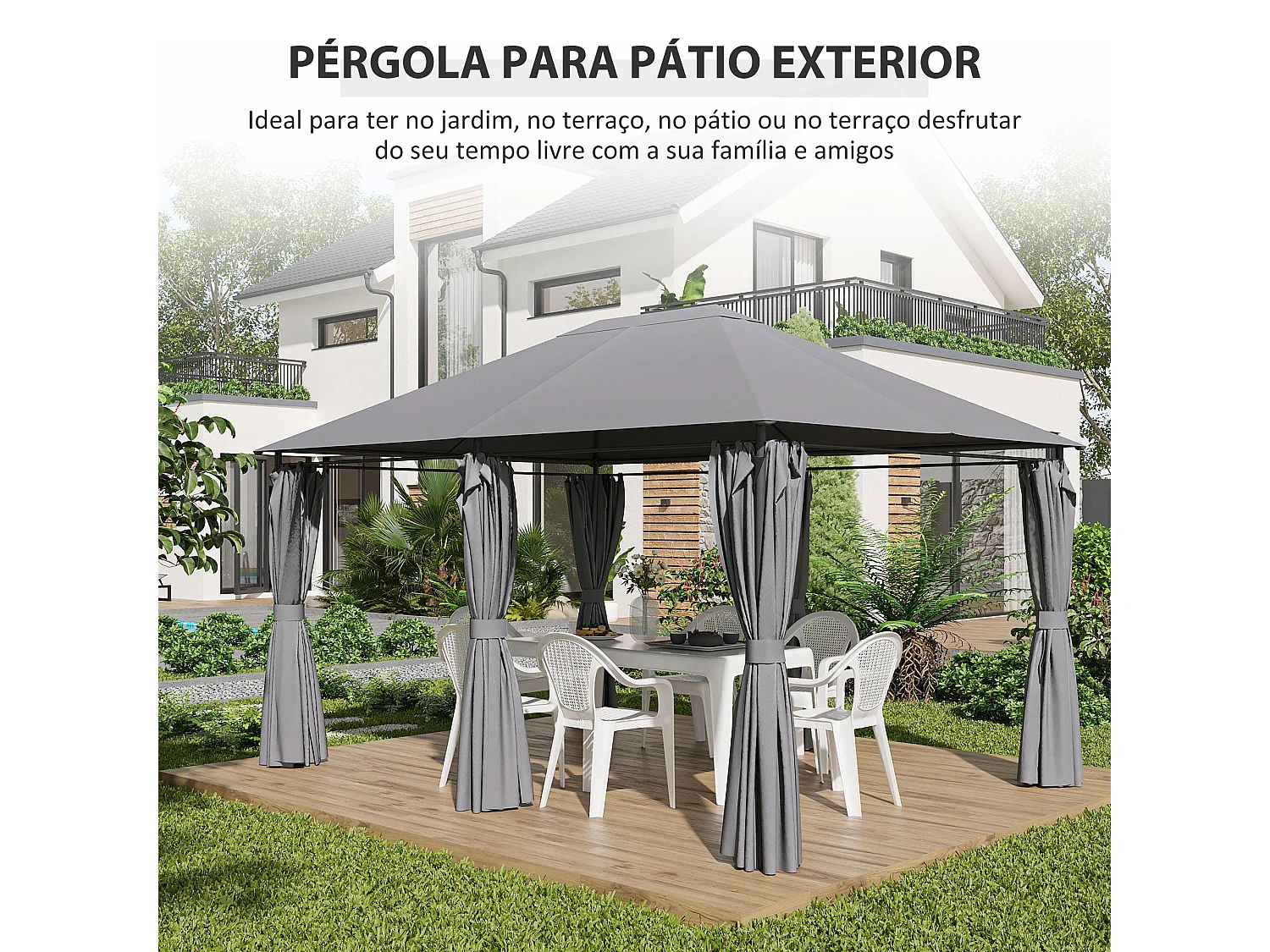 Cenador Tenerife Outsunny cortinas extraíbles + orificios de drenaje gris 272x400x300 cm