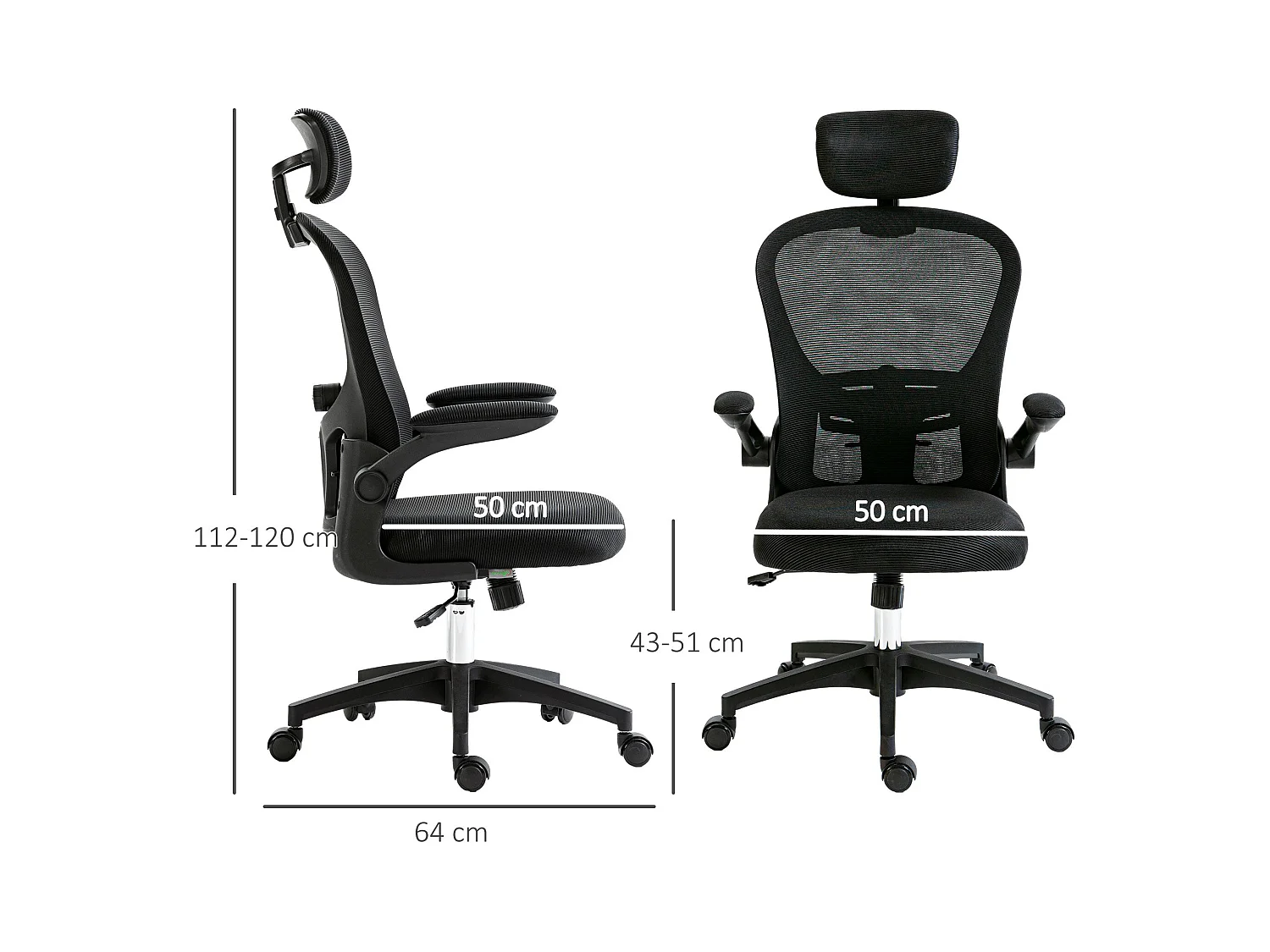 Silla de oficina Ryan malla respaldo alto con reposacabezas negro 112-120x64x64 cm