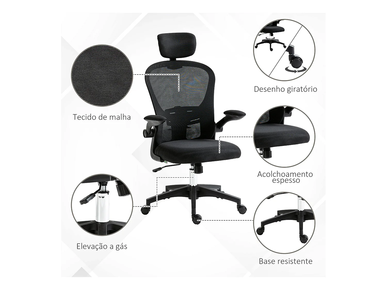 Silla de oficina Ryan malla respaldo alto con reposacabezas negro 112-120x64x64 cm