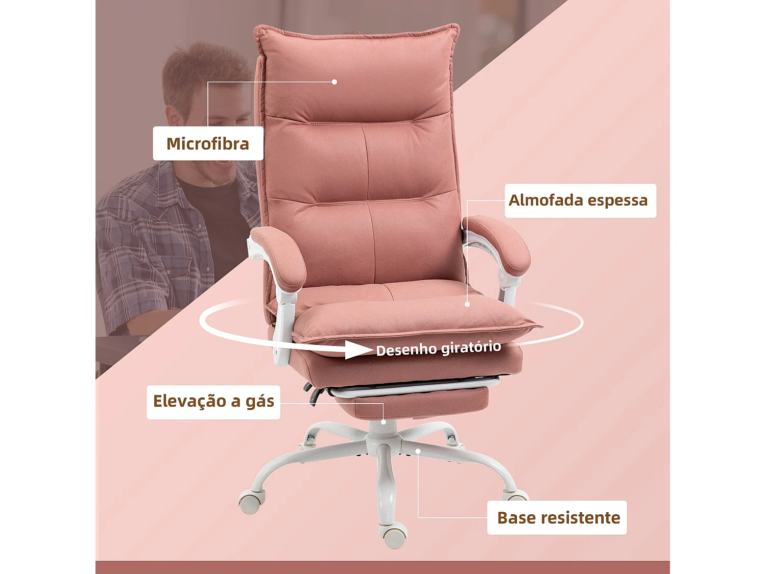 Silla de oficina Tebhe Vinsetto función masaje 5 modos rosa 114-121,5x66x74 cm