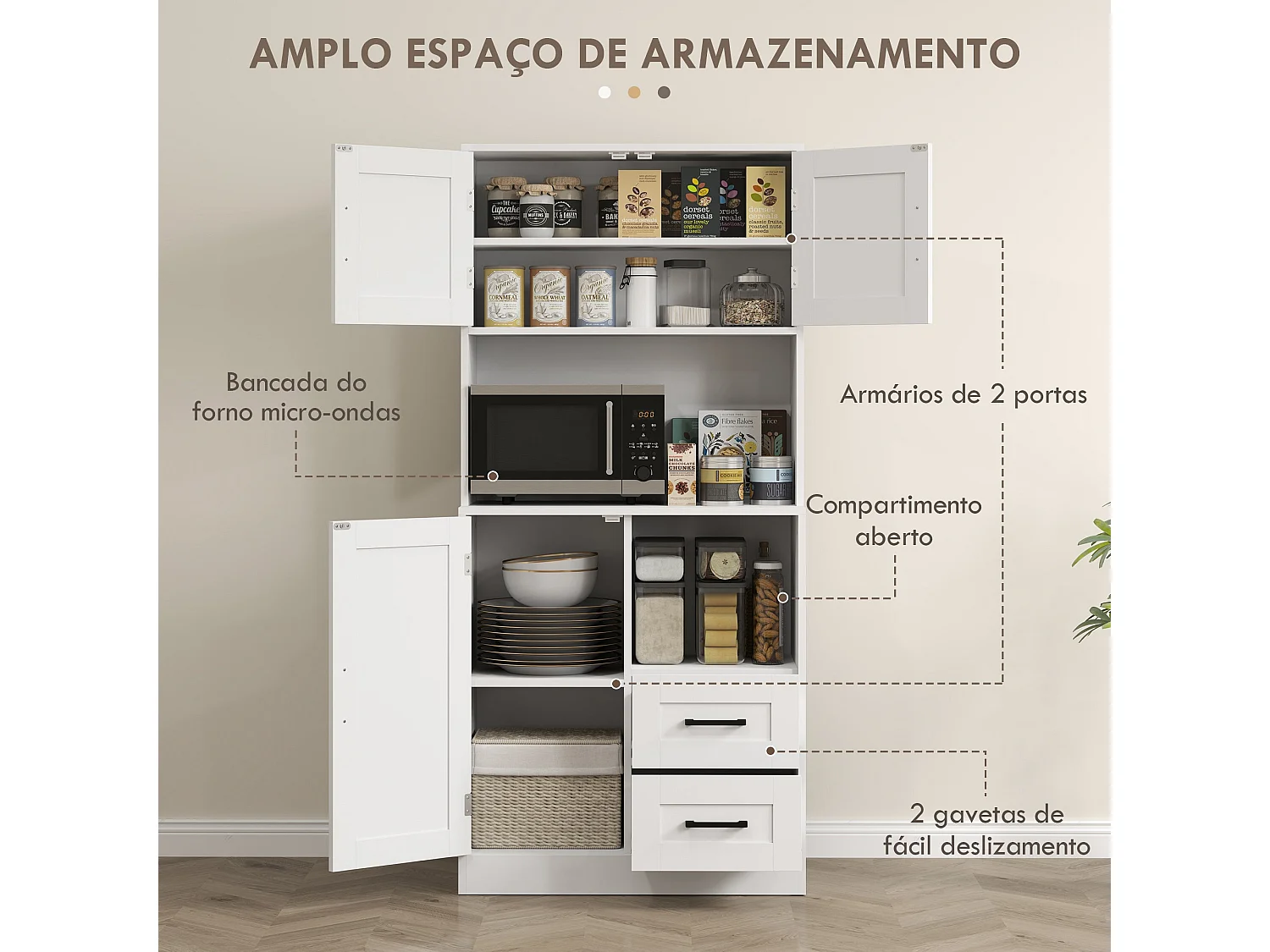 Aparador de cocina Green Homcom 2 armarios + cajones + encimera blanco 180x70x40 cm