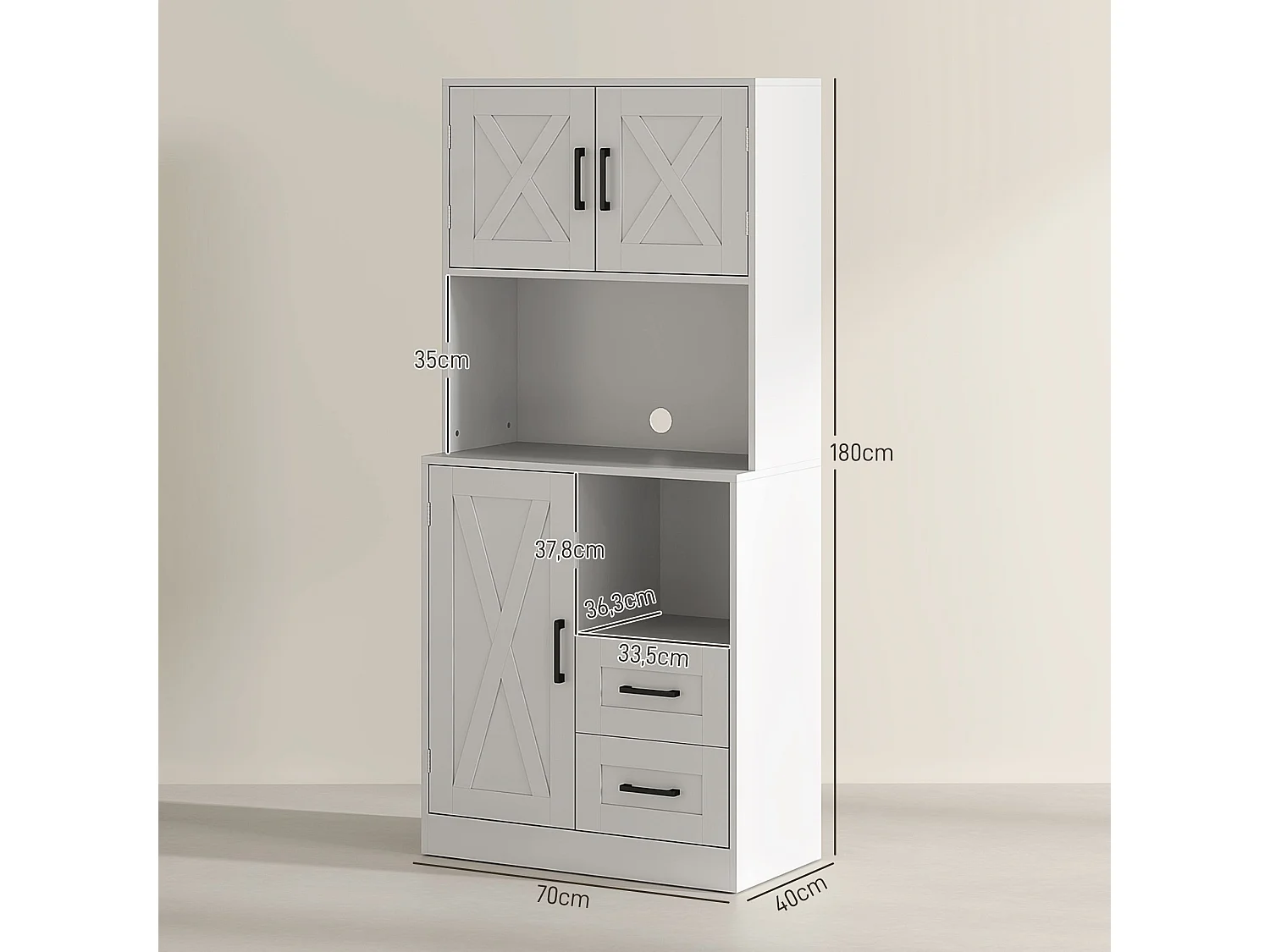 Armário Alto de Cozinha Rustik com Design Estilo Celeiro e Prateleiras Ajustáveis - 70x40x180 cm - Branco