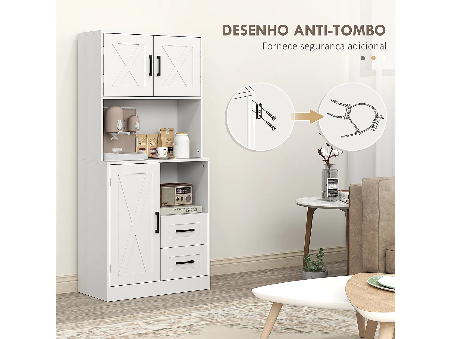 Armário Alto de Cozinha Rustik com Design Estilo Celeiro e Prateleiras Ajustáveis - 70x40x180 cm - Branco
