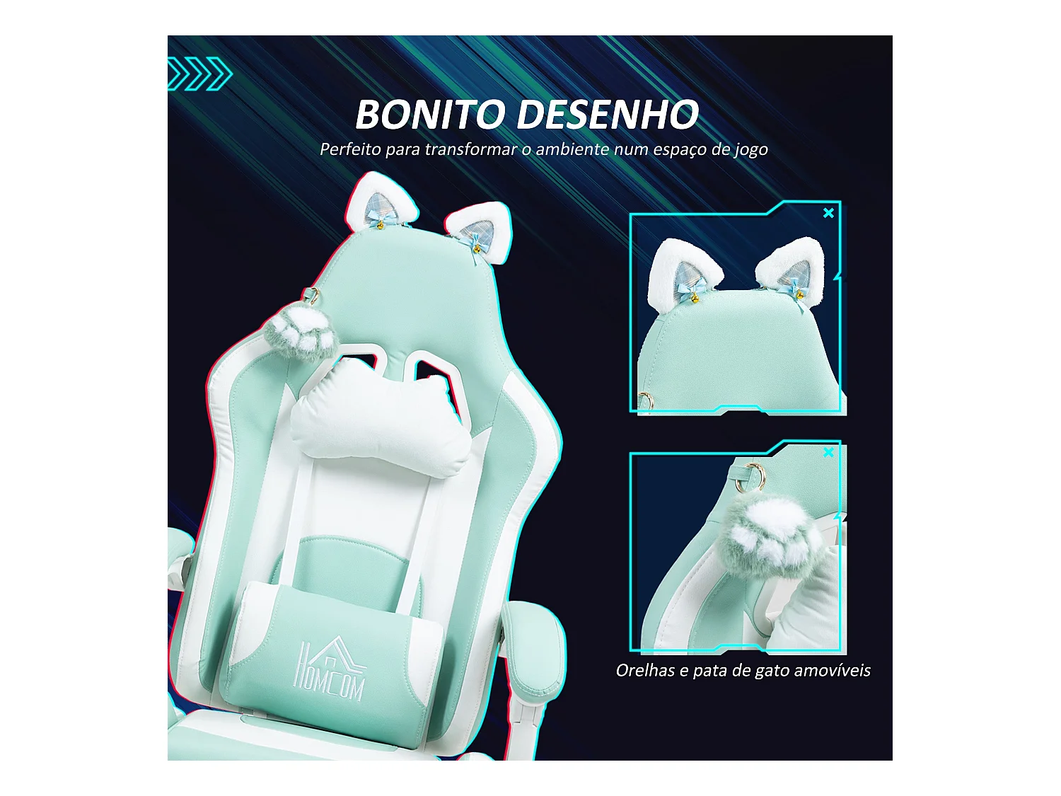 Silla gaming Cat Homcom 2 cojines + reposapiés turquesa 116-124x65x62 cm