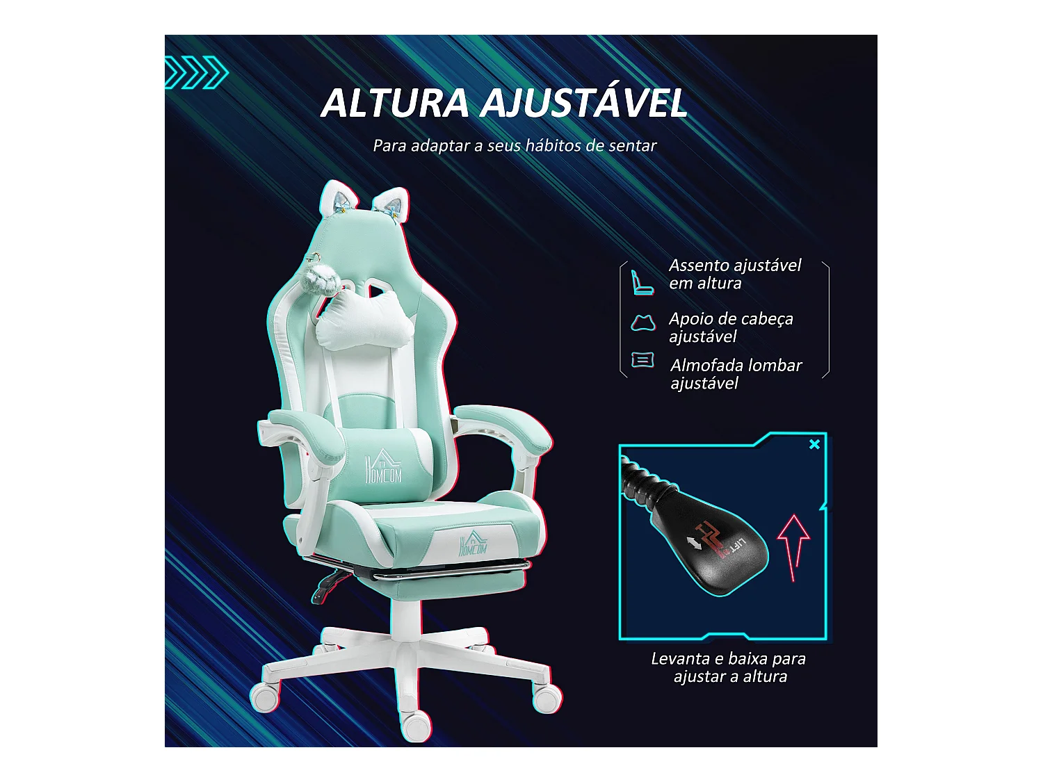 Silla gaming Cat Homcom 2 cojines + reposapiés turquesa 116-124x65x62 cm