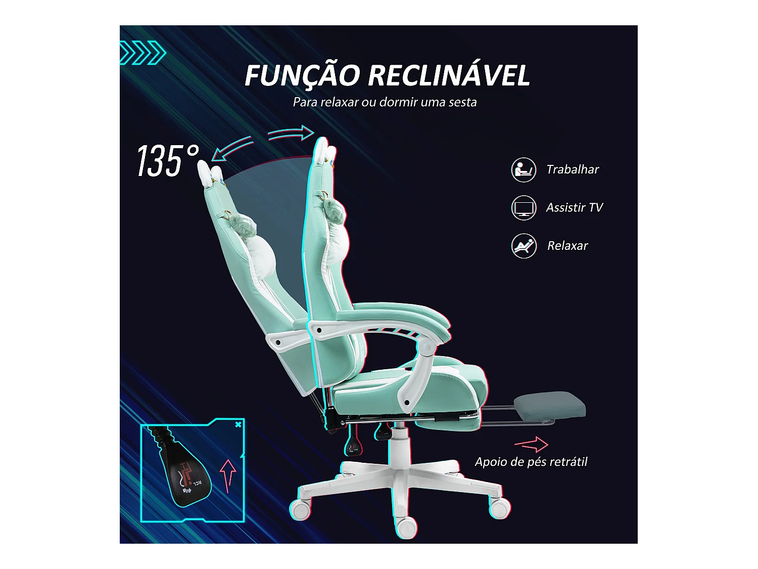 Silla gaming Cat Homcom 2 cojines + reposapiés turquesa 116-124x65x62 cm