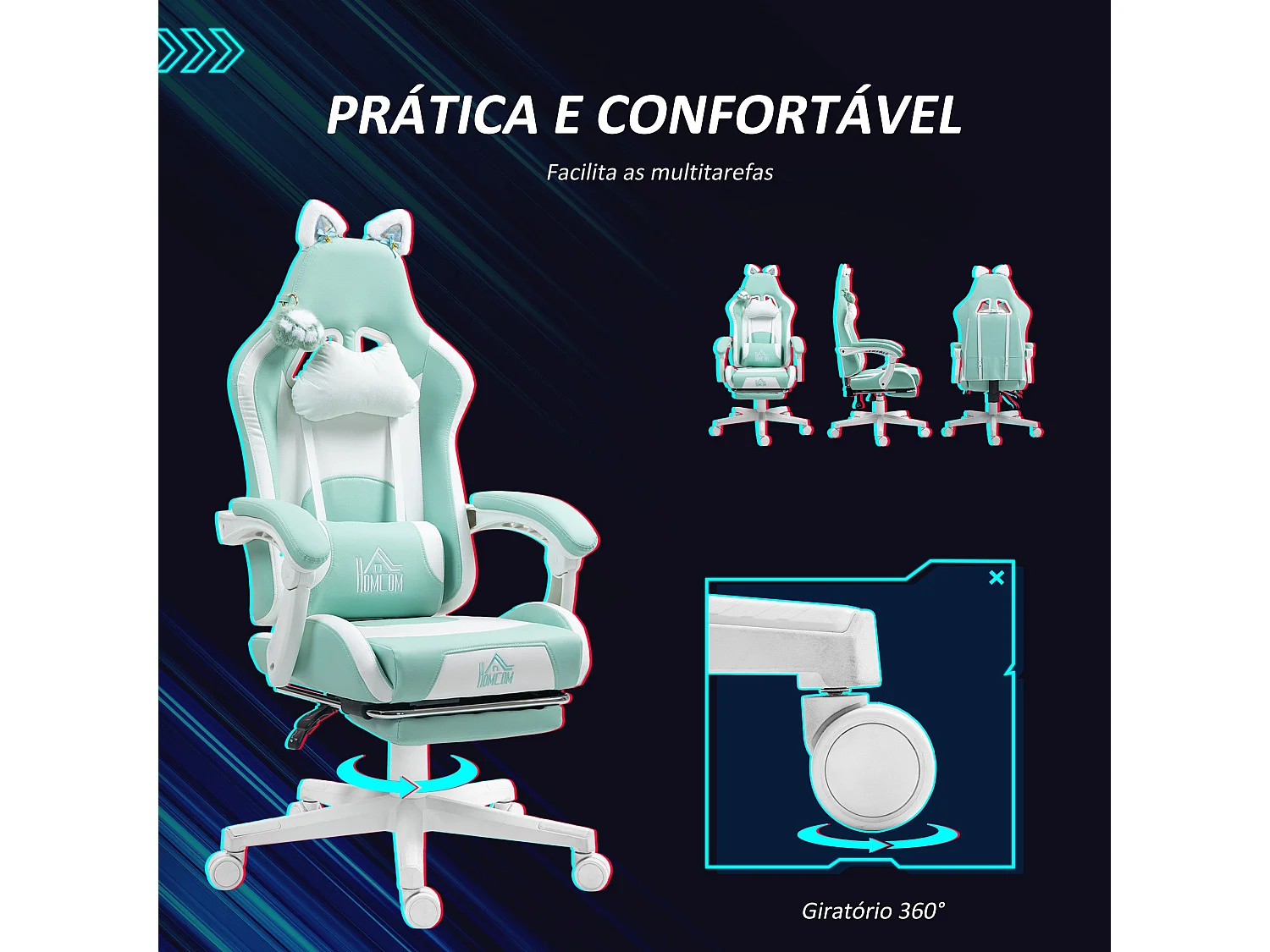 Silla gaming Cat Homcom 2 cojines + reposapiés turquesa 116-124x65x62 cm