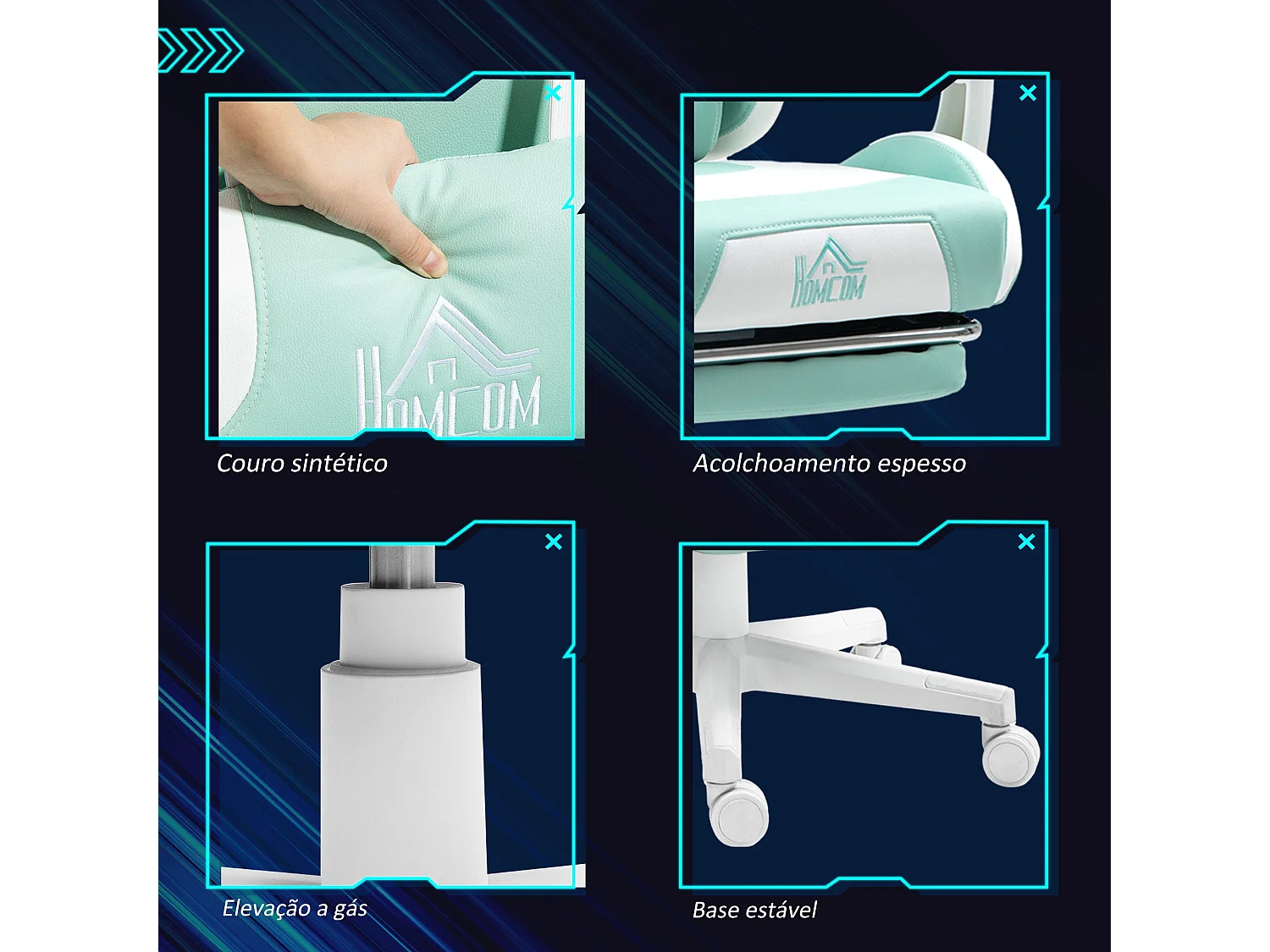 Silla gaming Cat Homcom 2 cojines + reposapiés turquesa 116-124x65x62 cm