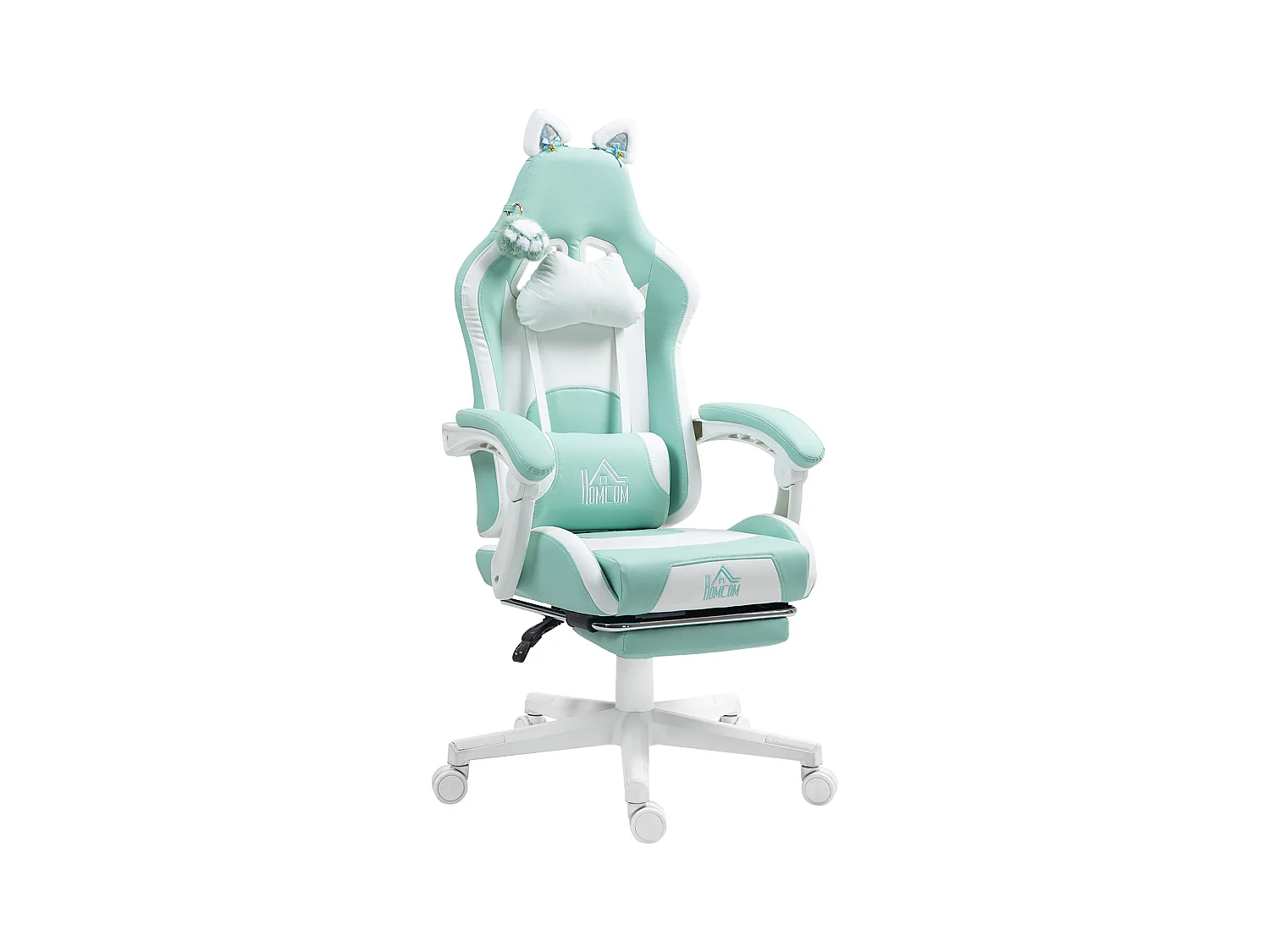 Silla gaming Cat Homcom 2 cojines + reposapiés turquesa 116-124x65x62 cm