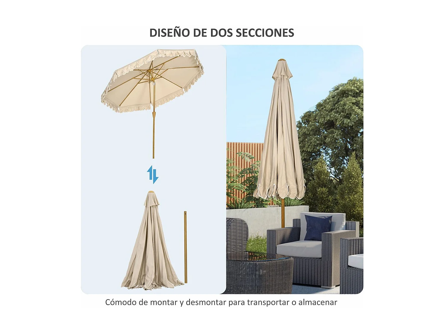 Sombrilla Boho Outsunny inclinable 45º + volantes + manivela blanco/madera Ø264x240 cm