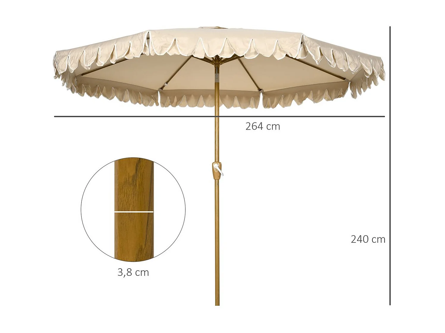 Sombrilla Boho Outsunny inclinable 45º + volantes + manivela blanco/madera Ø264x240 cm