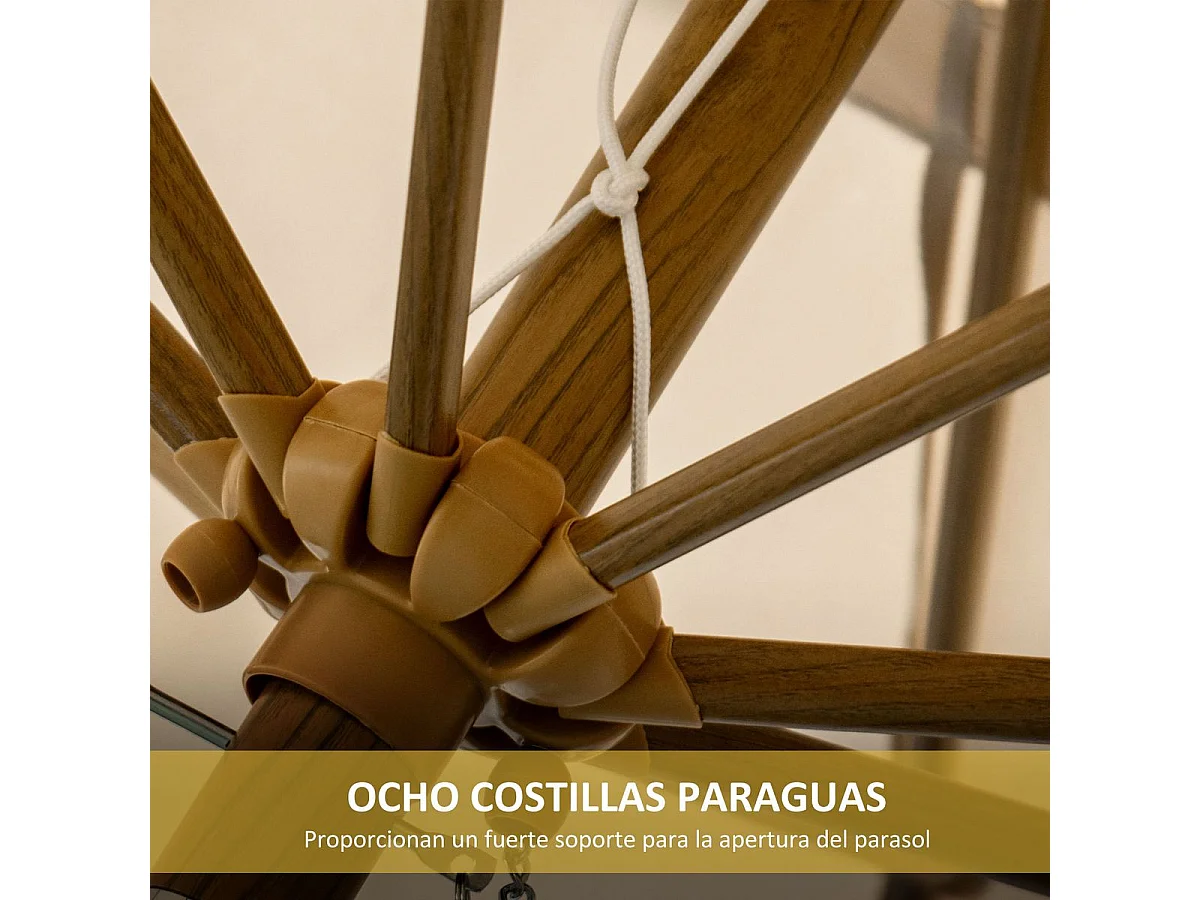 Sombrilla Boho Outsunny inclinable 45º + volantes + manivela blanco/madera Ø264x240 cm