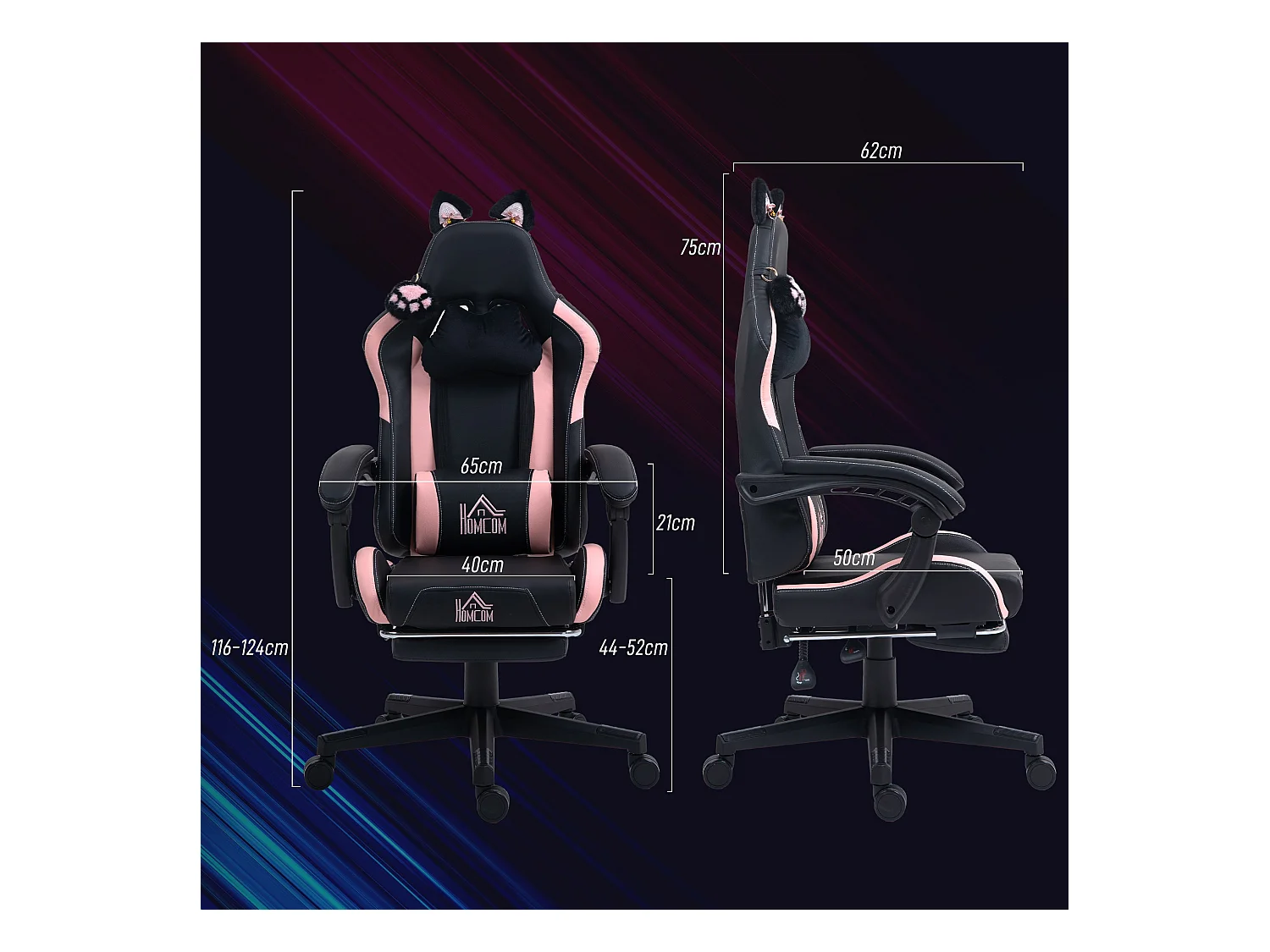 Silla gaming Cat Homcom 2 cojines + reposapiés 116-124x65x62 cm