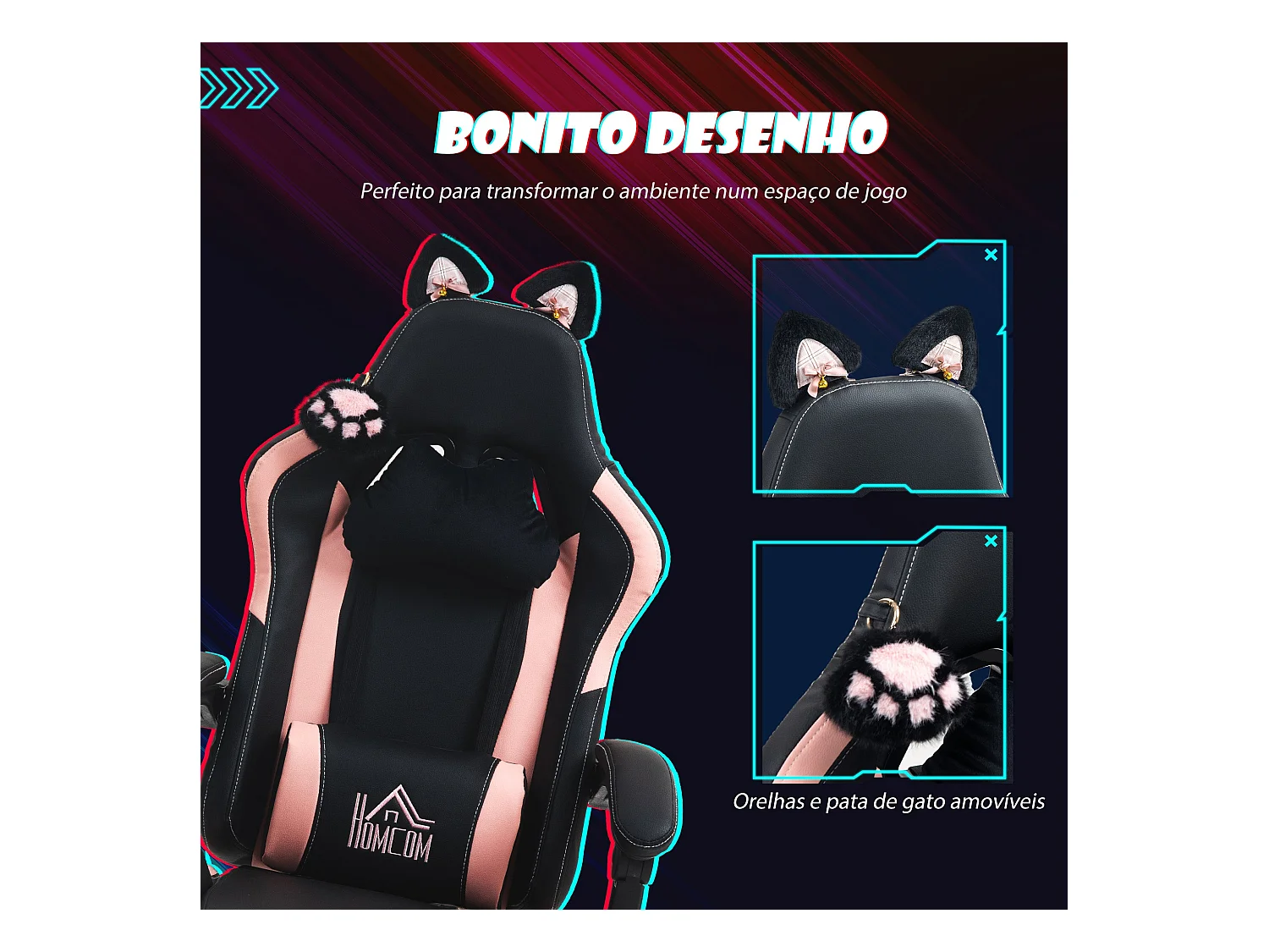 Silla gaming Cat Homcom 2 cojines + reposapiés 116-124x65x62 cm