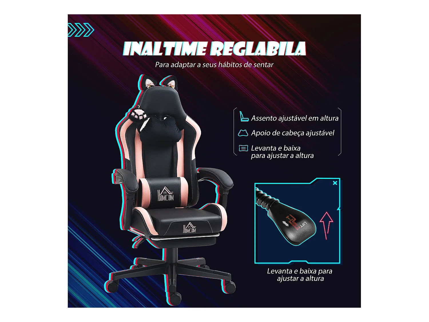 Silla gaming Cat Homcom 2 cojines + reposapiés 116-124x65x62 cm