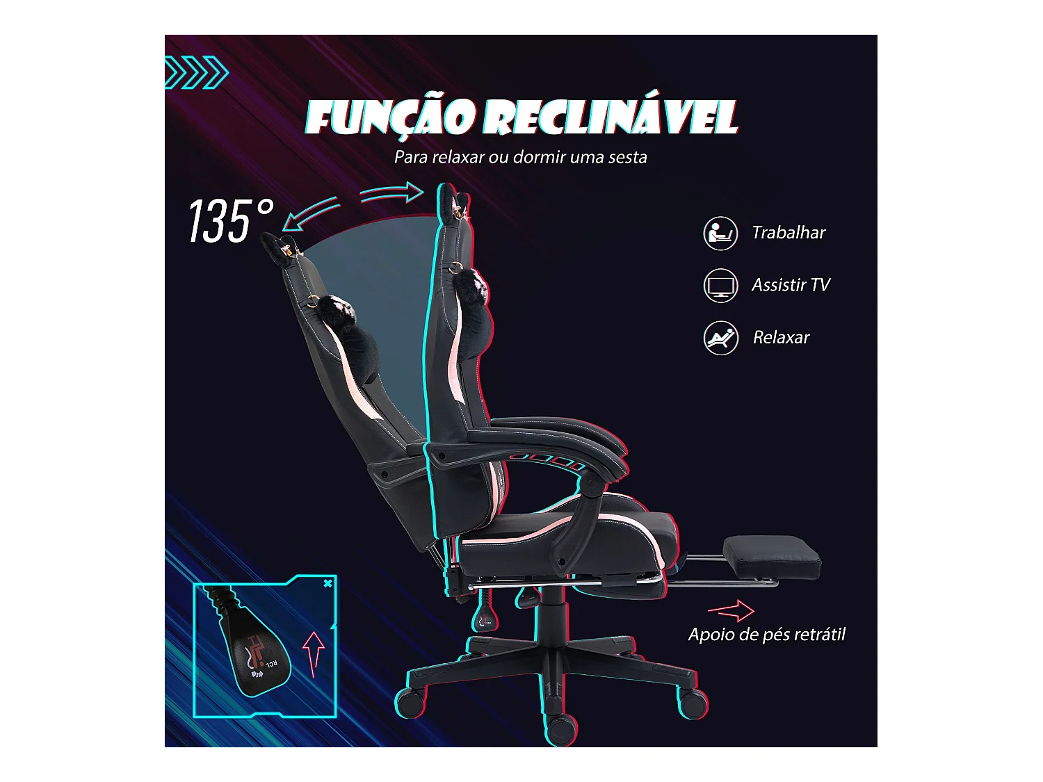 Silla gaming Cat Homcom 2 cojines + reposapiés 116-124x65x62 cm