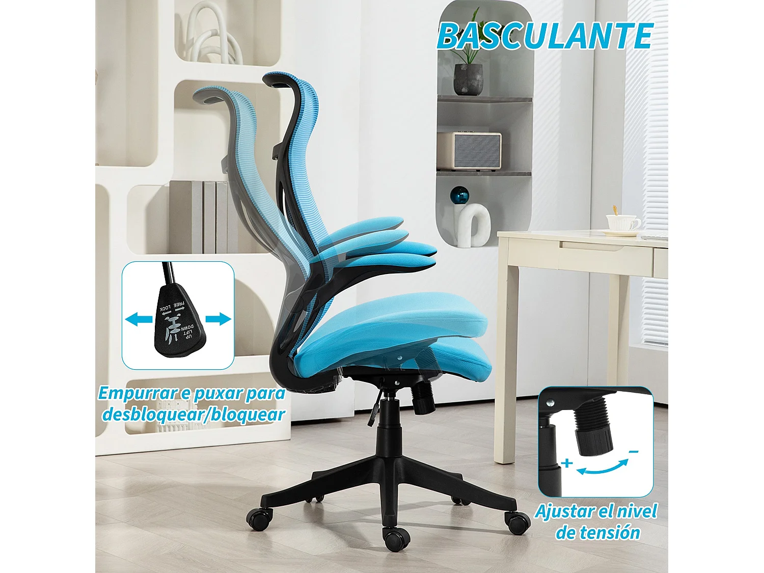 Silla de oficina Álex Homcom basculante altura regulable azul 113-121x66x66 cm
