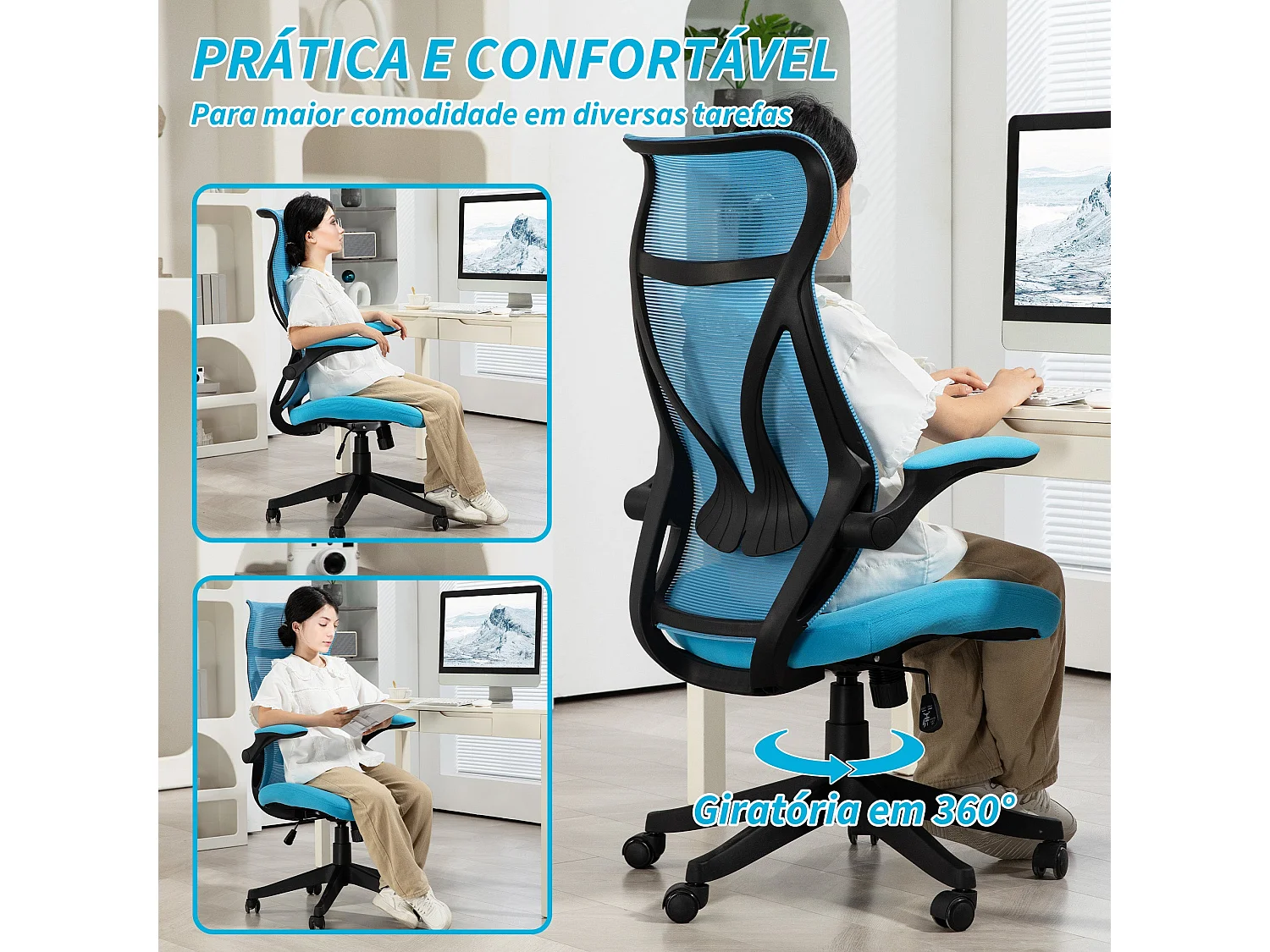 Silla de oficina Álex Homcom basculante altura regulable azul 113-121x66x66 cm