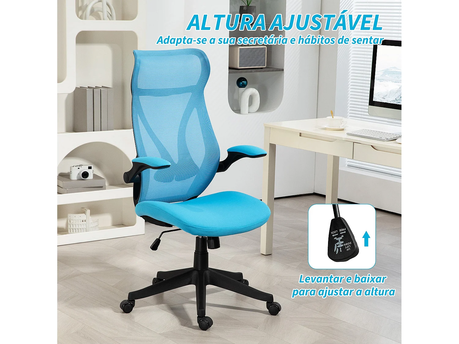 Cadeira de Escritório Giratória Ajustável com Braços Dobráveis e Função Basculante - Modelo Biarritz Azul