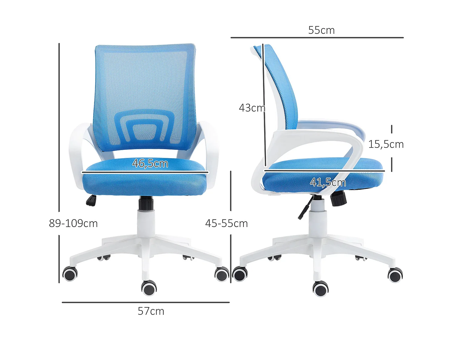 Silla de oficina Waco Homcom basculante con reposabrazos + ruedas azul 89-109x57x55 cm