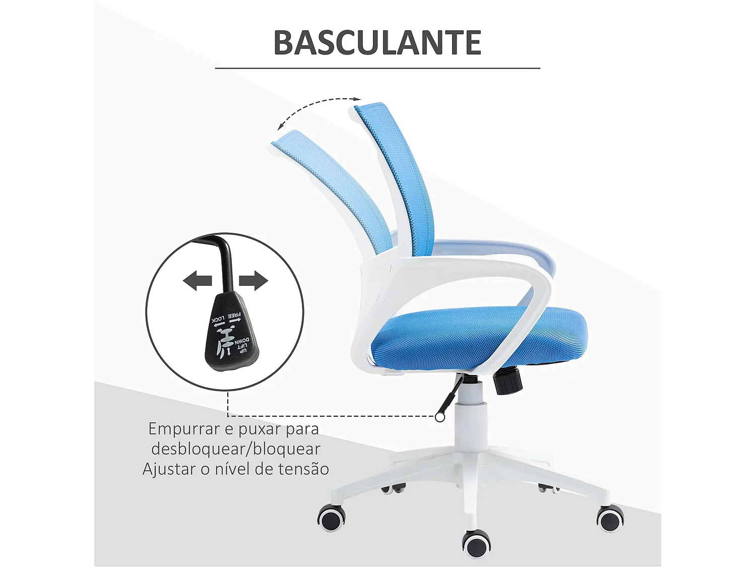 Silla de oficina Waco Homcom basculante con reposabrazos + ruedas azul 89-109x57x55 cm