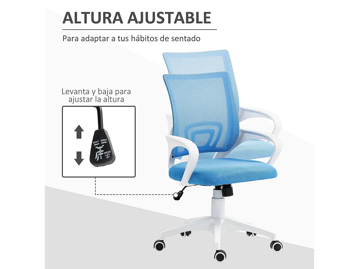 Silla de oficina Waco Homcom basculante con reposabrazos + ruedas azul 89-109x57x55 cm