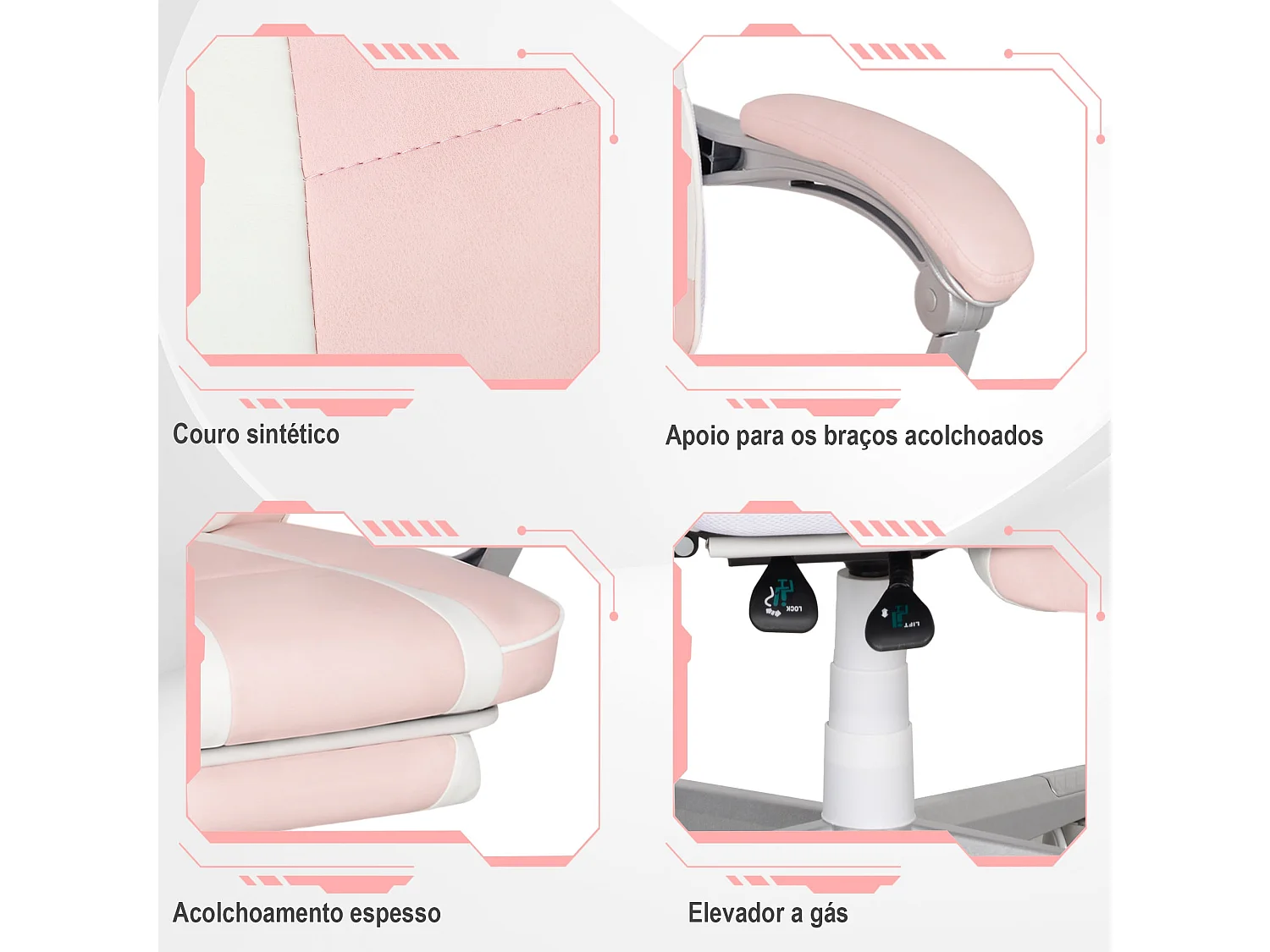 Silla gaming Play Homcom altura regulable + 6 modos de masaje + reposapiés retráctil rosa 115,5-123x63x63 cm