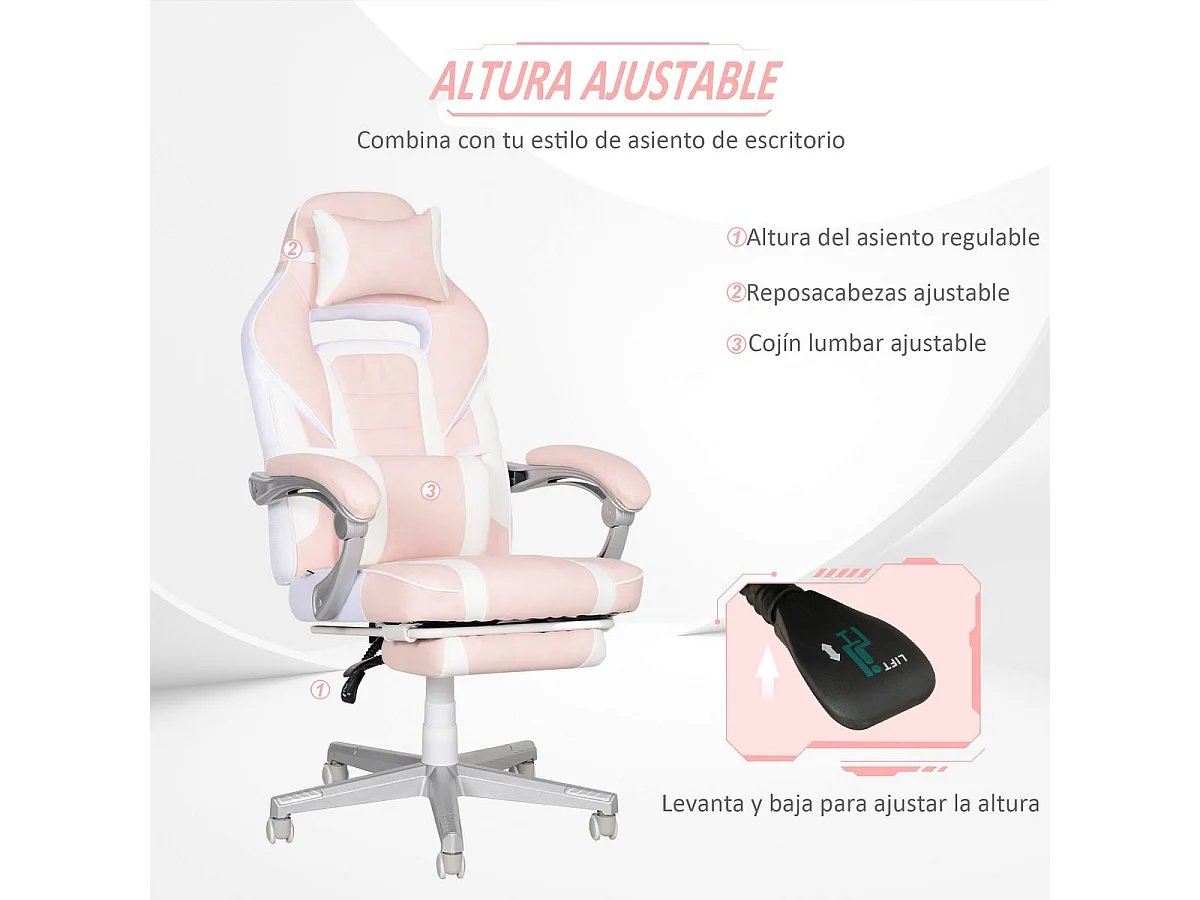 Silla gaming Play Homcom altura regulable + 6 modos de masaje + reposapiés retráctil rosa 115,5-123x63x63 cm