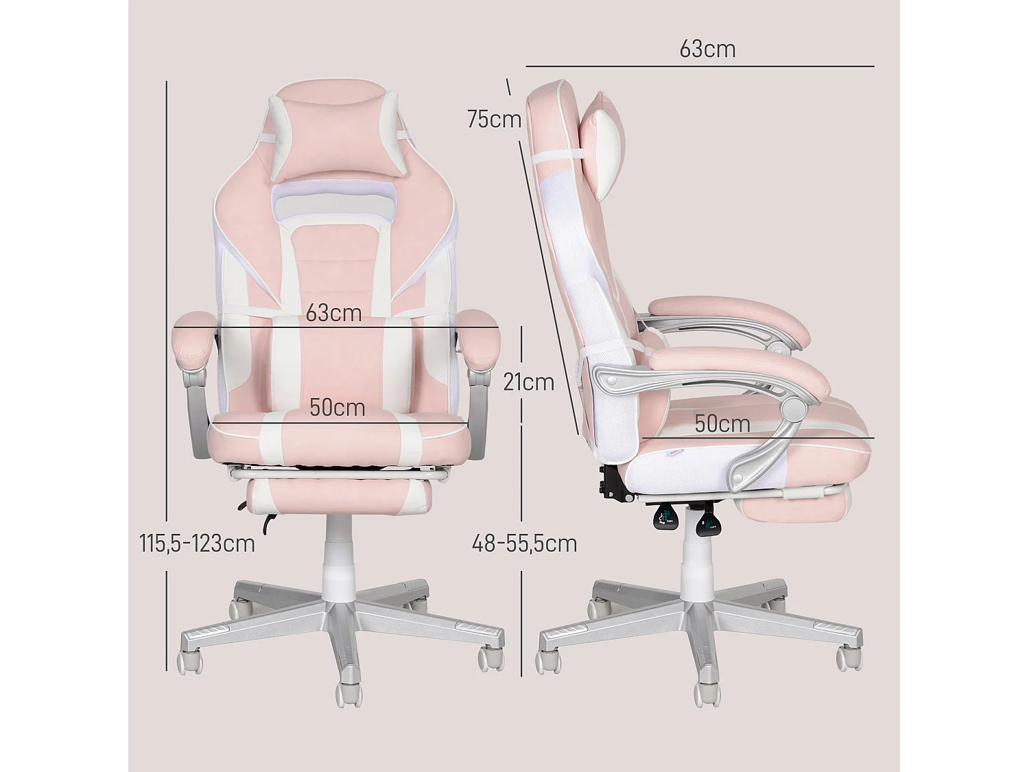 Cadeira Gamer Reclinável com Apoio para os Pés e Suporte Lombar - Rosa Chamonix