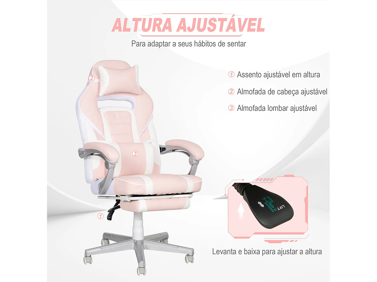 Silla gaming Play Homcom altura regulable + 6 modos de masaje + reposapiés retráctil rosa 115,5-123x63x63 cm