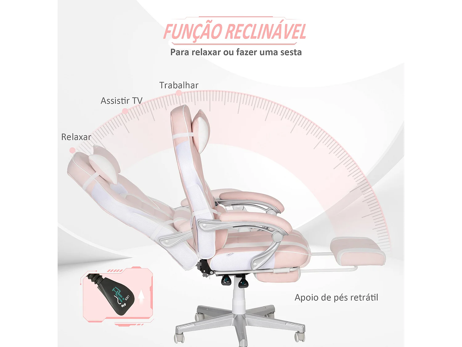 Silla gaming Play Homcom altura regulable + 6 modos de masaje + reposapiés retráctil rosa 115,5-123x63x63 cm