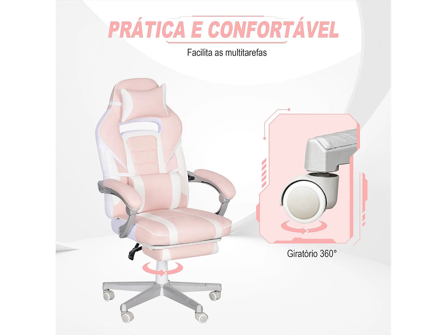 Silla gaming Play Homcom altura regulable + 6 modos de masaje + reposapiés retráctil rosa 115,5-123x63x63 cm