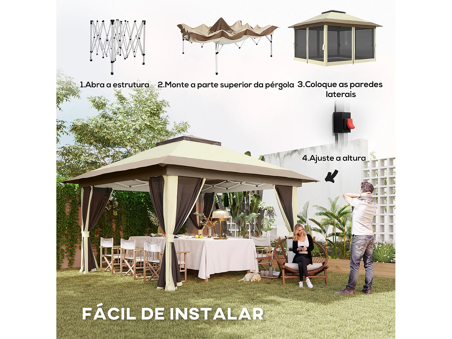 Cenador Dhile Outsunny plegable + cortinas removibles crema 280x356 cm