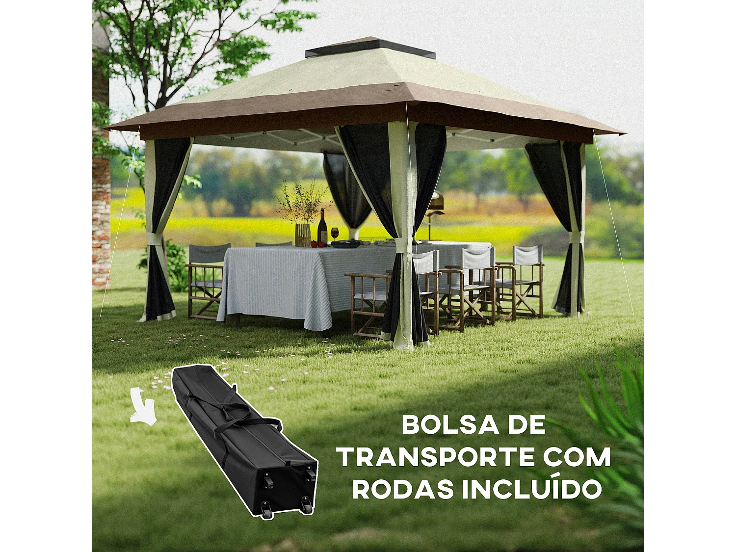 Cenador Dhile Outsunny plegable + cortinas removibles crema 280x356 cm