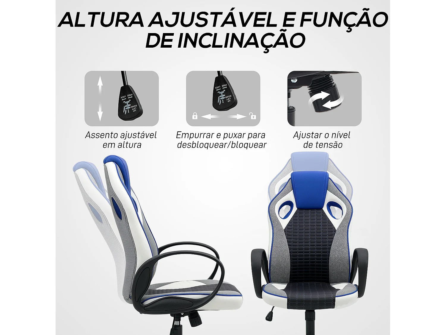 Silla gaming Alonso Homcom altura regulable + inclinable azul 107,5-116,5x60,5x67 cm