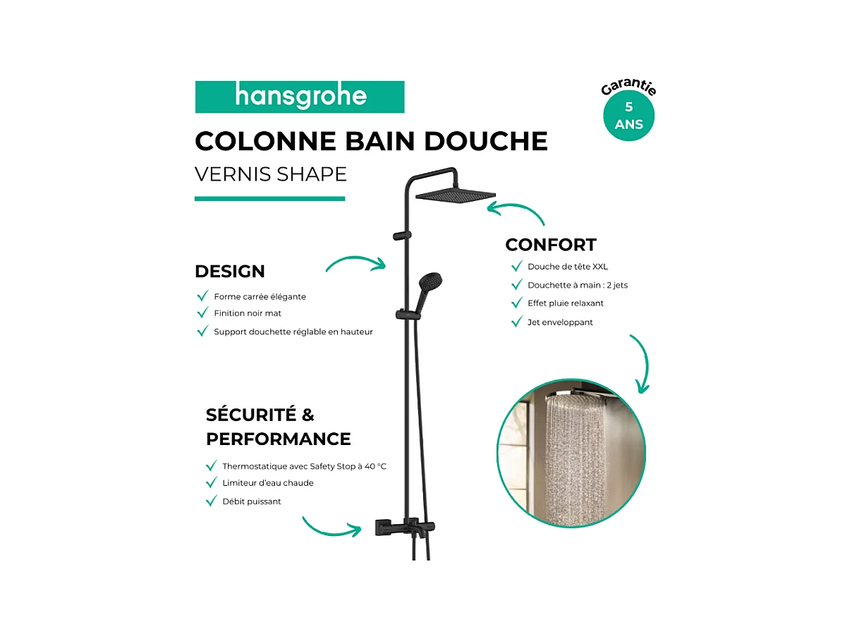 Colonne bain douche thermostatique HANSGROHE Vernis Shape noir mat