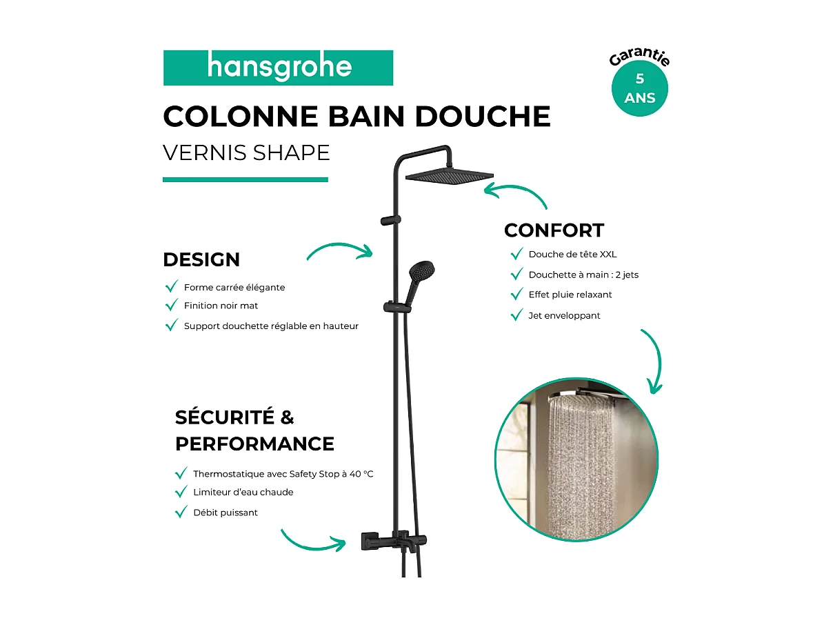 Colonne bain douche thermostatique HANSGROHE Vernis Shape noir mat
