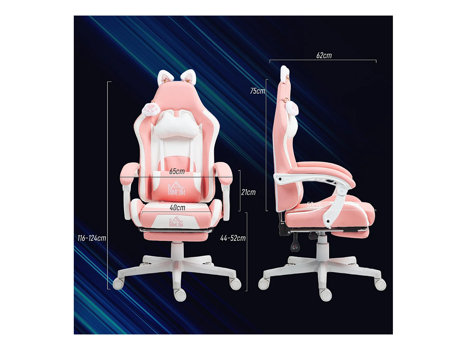 Silla gaming Cat Homcom 2 cojines + reposapiés rosa 116-124x65x62 cm