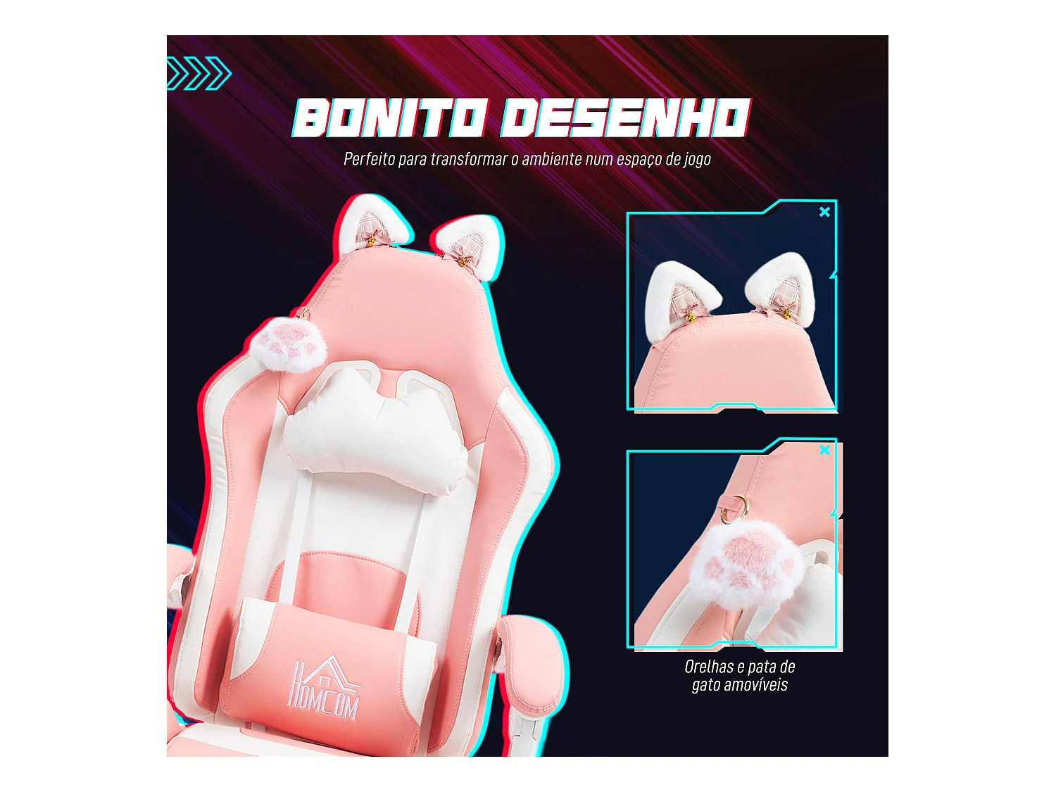 Silla gaming Cat Homcom 2 cojines + reposapiés rosa 116-124x65x62 cm
