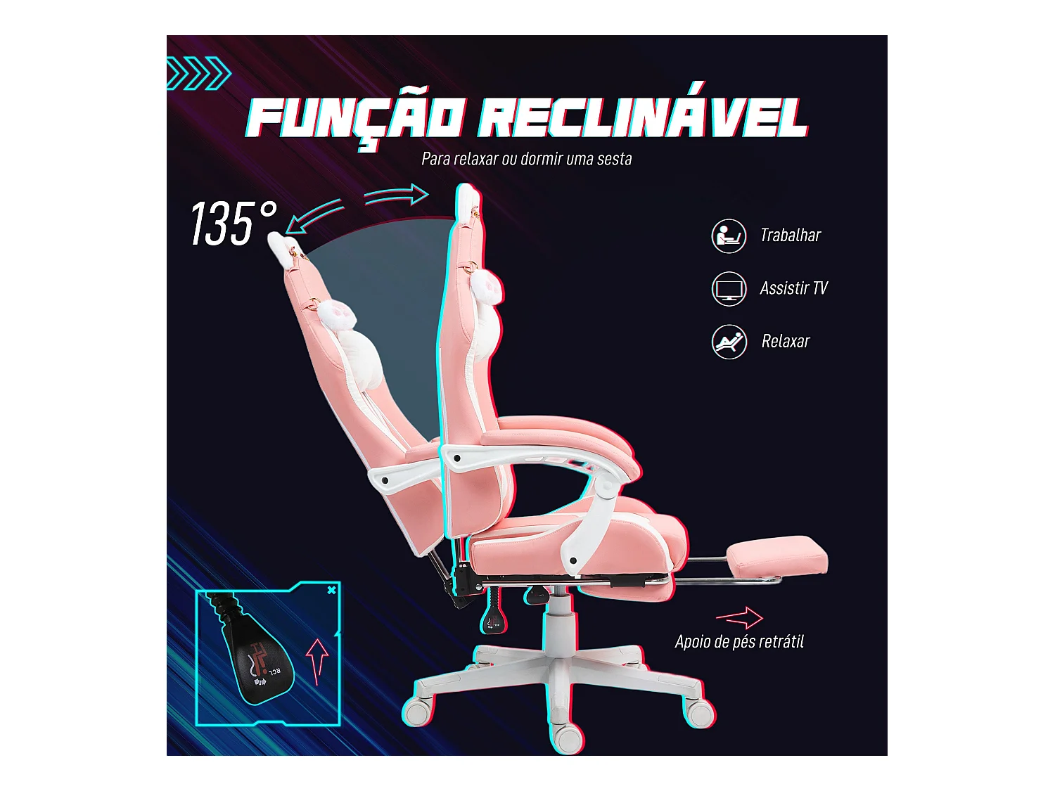 Silla gaming Cat Homcom 2 cojines + reposapiés rosa 116-124x65x62 cm