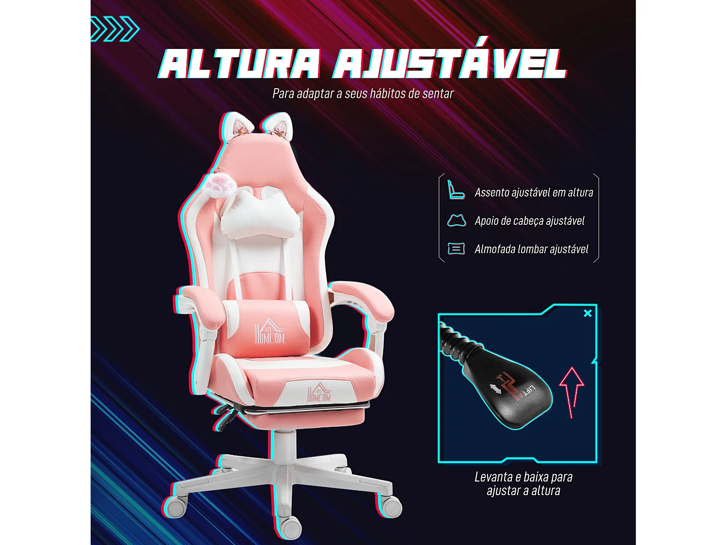 Cadeira Gamer Reclinável com Orelhas e Apoios Ajustáveis - Modelo Reykjavik Rosa