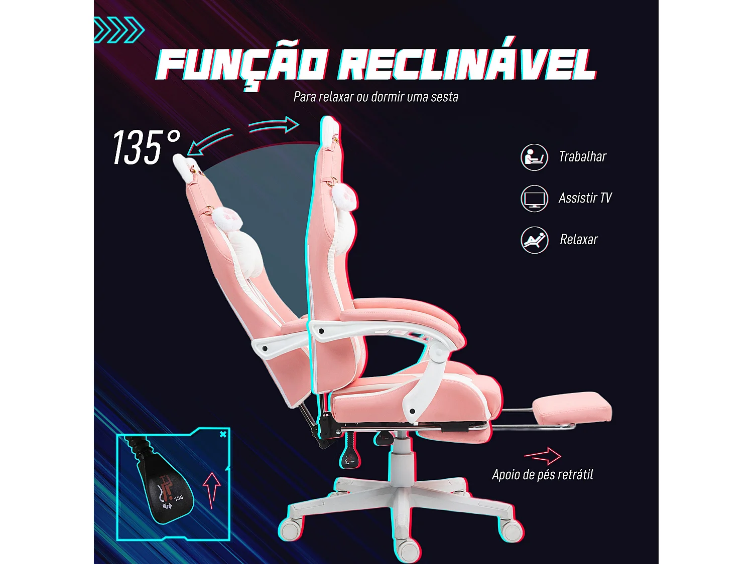 Cadeira Gamer Reclinável com Orelhas e Apoios Ajustáveis - Modelo Reykjavik Rosa
