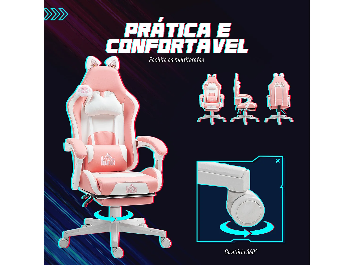 Cadeira Gamer Reclinável com Orelhas e Apoios Ajustáveis - Modelo Reykjavik Rosa