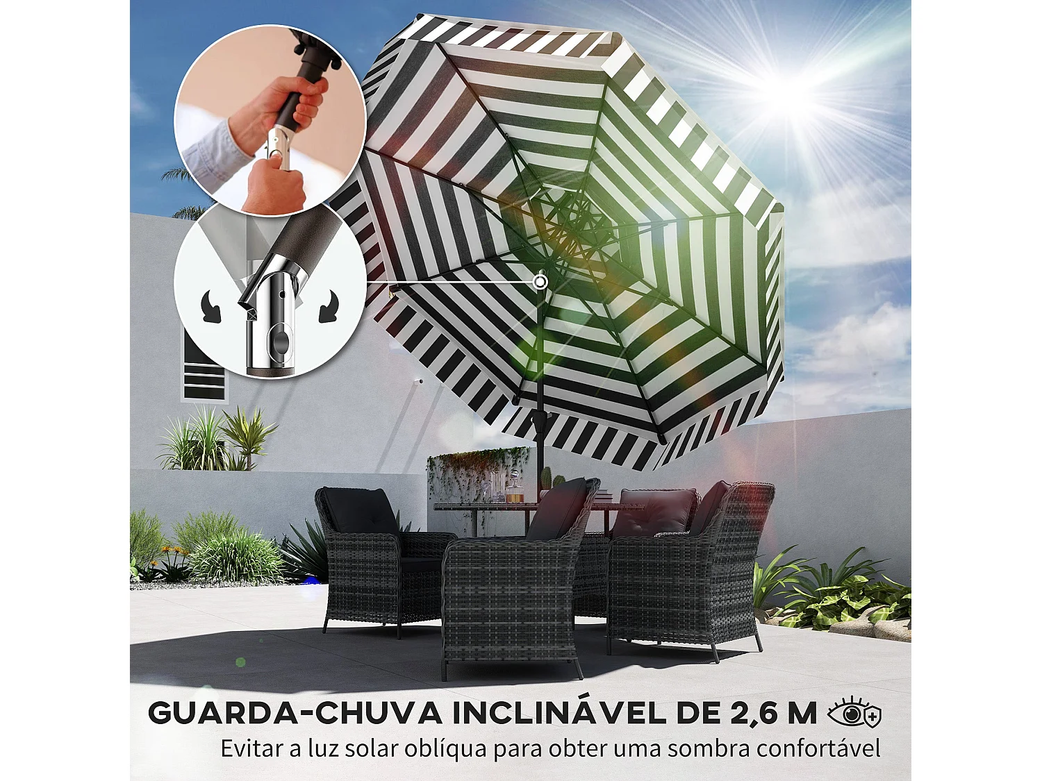 Chapéu de Sol Ajustável de 263 cm para Jardim com Proteção UV 30+