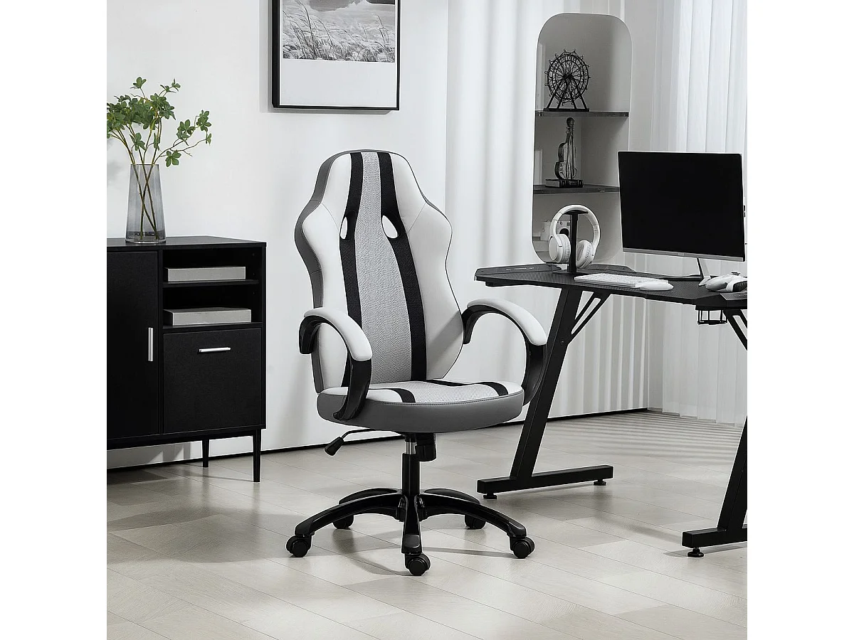 Cadeira Gamer Ajustável em PU e Malha Transpirável para Conforto e Estilo no Escritório e Casa - Modelo Biarritz Cinzento